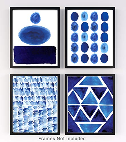 Abstract Blue No.7 Bold Geometric Shapes Wall Art Prints. Set of 4 8x10 UNFRAMED Modern Watercolor Decor. Shades of Navy, Royal, Indigo Blue & White.