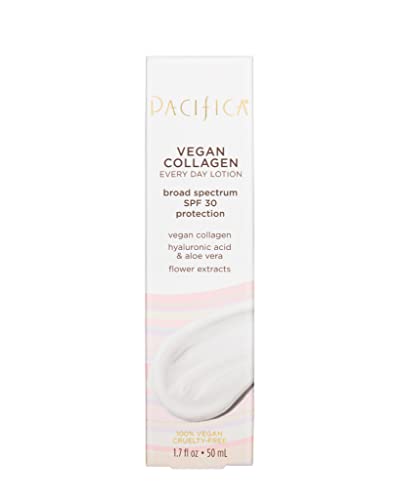 Pacifica Beauty Vegan Collagen SPF 30 Broad Spectrum Sunscreen Every Day Face Lotion, UVA/UVB Protection for All Skin Types, Lightweight Formula, Moisturizing+Hydrating, Cruelty Free, White, 1.7 Fl Oz