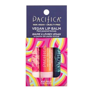 pacifica beauty, vegan lip balm trio, variety pack, coconut, watermelon, vanilla, dry cracked lips, soft lips, lip care, vitamin e, olive oil, clean, vegan + cruelty free, 0.15 ounce (pack of 3)