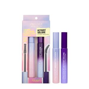 pacifica beauty, vegan collagen fluffy lash mascara & activist volume & curl mascara set, black mascara for lengthening + volumizing, glass, value pack, talc free, silicone-free, cruelty free, 2 pack