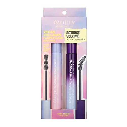 Pacifica Beauty, Vegan Collagen Fluffy Lash Mascara & Activist Volume & Curl Mascara Set, Black Mascara for Lengthening + Volumizing, Glass, Value Pack, Talc Free, Silicone-Free, Cruelty Free, 2 Pack