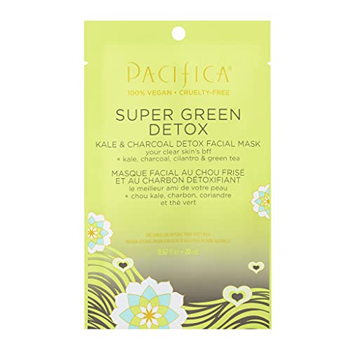 Pacifica Beauty Super Green Tea Detox Kale & Charcoal Facial Sheet Mask for All Skin Types, Vegan & Cruelty Free, 0.67 Fl Oz