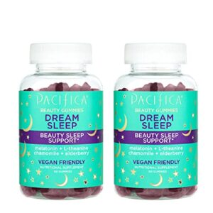 pacifica beauty dream sleep gummies supplement, wheat, soy + gluten free, melatonin, l-theanine, chamomile + elderberry, vegan and cruelty free, purple, 60 count, pack of 2