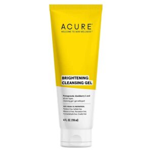 acure brightening cleansing gel, 100% vegan for a brighter appearance, pomegranate, blackberry & acai, antioxidant, rich & super gentle, all skin types, superfruit + chlorella, 4 fl oz