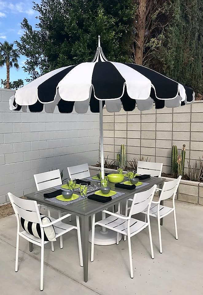 California Umbrella 8.5' Rd. Pagoda Market Umbrella, Silver Pole, 100% Acrylic Black and White Pacifica Fabric
