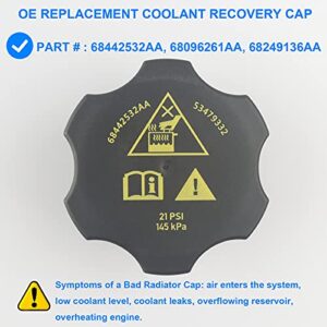 Radiator Coolant Recovery Cap, Replace 68442532AA Compatible with Chrysler Dodge Jeep Ram EcoDiesel - 2014-2021 Cherokee Ram 1500, 2017-2021 Pacifica Compass, 2016-2021 Durango Grand Cherokee, More