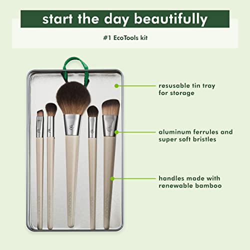 EcoTools Makeup Brush Set for Eyeshadow, Foundation, Blush, and Concealer with Bonus Storage Case, Start the Day Beautifully, Travel Friendly, 6 Piece Set