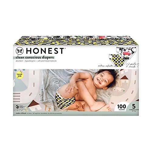 The Honest Company Clean Conscious Diapers | Plant-Based, Sustainable | Big Trucks + So Bananas | Super Club Box, Size 5 (27+ lbs), 100 Count