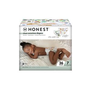 the honest company clean conscious diapers | plant-based, sustainable | barnyard babies + it’s a pawty | club box, size 7 (41+ lbs), 36 count