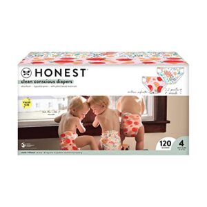 the honest company clean conscious diapers | plant-based, sustainable | just peachy + flower power | super club box, size 4 (22-37 lbs), 120 count