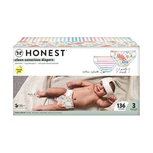 the honest company clean conscious diapers | plant-based, sustainable | rainbow stripes + flower power | super club box, size 3 (16-28 lbs), 136 count
