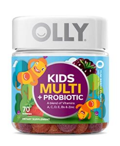 olly kids multivitamin + probiotic gummy, digestive and immune support, vitamins a, d, c, e, b, zinc, chewable supplement, berry, 35 day supply – 70 count