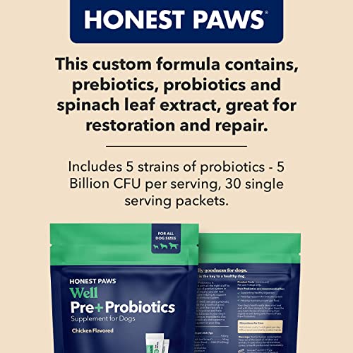 Honest Paws Probiotics for Dogs Made in USA - Dog Probiotic Powder with Prebiotic for Healthy Gut, Digestive and Immune Support - Digestive Enzymes with Chicken Flavor (30 Sticks)