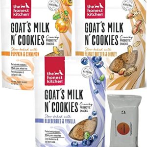 Aurora Pet Variety Pack (3) The Honest Kitchen Goat's Milk N' Cookies Slow Baked Dog Treats (1) Blueberries & Vanilla (1) Peanut Butter & Honey (1) Pumpkin Flavor (8-oz Each) with AuroraPet Wipes