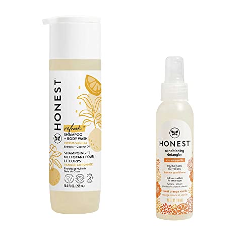 The Honest Company Sweet Orange Vanilla Conditioning Detangler Spray, 4 fl. oz. and The Honest Company Perfectly Gentle Sweet Orange Vanilla Shampoo + Body Wash, 10 Fl Oz (Pack of 1)