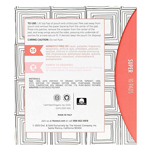 The Honest Company Organic Cotton Pads | Super | Hypoallergenic Pads with Wings | Ultra-Soft and Ultra-Thin | PH Compatible | Breathable | Plant-Based with Organic Cotton | 10 Count