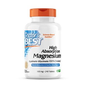 doctor’s best high absorption magnesium glycinate lysinate, 100% chelated, non-gmo, vegan, gluten & soy free, 100 mg, 240 count