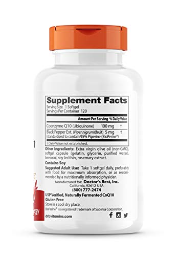 Doctor's Best High Absorption CoQ10 with BioPerine, Gluten Free, Naturally Fermented, Heart Health, Energy Production, 100 mg, 120 Count