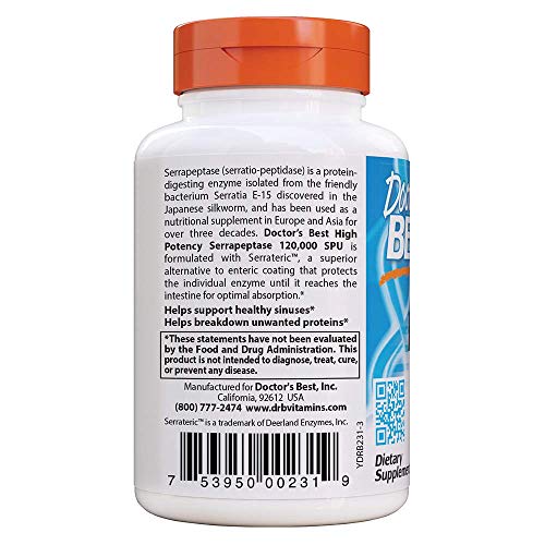 Doctor's Best High Potency Serrapeptase, Non-GMO, Gluten Free, Vegan, Supports Healthy Sinuses, 120,000 SPU, 90 Count