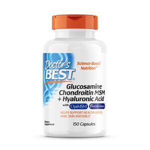 doctor’s best glucosamine chondroitin msm + hyaluronic acid with optimsm featuring biocell collagen, joint support, non-gmo, gluten & soy free, 150 caps