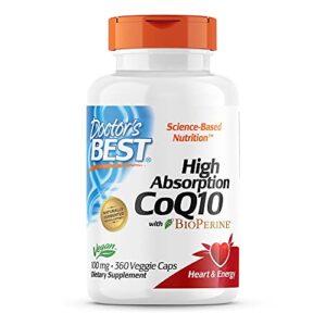 doctor’s best high absorption coq10 with bioperine, gluten free, naturally fermented, vegan, heart health & energy production, 100 mg 360 veggie caps
