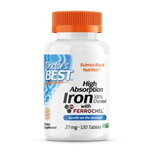 doctor’s best high absorption iron with ferrochel, gentle on the stomach, immune health, blood health, 27 mg