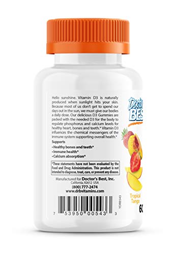 Doctor's Best Vitamin D3 Gummies to Support Healthy Bones Immune System and Heart Health, Tropical Tango, 60 Count