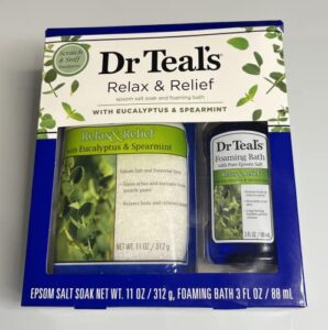 dr. teal’s relax & relief epsom salt & foaming bath with eucalyptus & spearmint, 2 piece travel set 11oz. bag of bath salts & 3oz bottle of foam bath (eucalyptus)