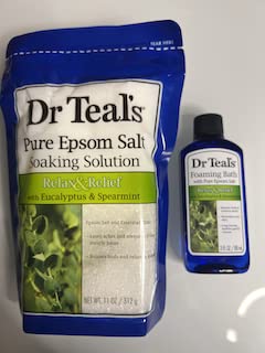 Dr. Teal's Relax & Relief Epsom Salt & Foaming Bath with Eucalyptus & Spearmint, 2 Piece Travel Set 11oz. Bag of Bath Salts & 3oz Bottle of Foam Bath (Eucalyptus)