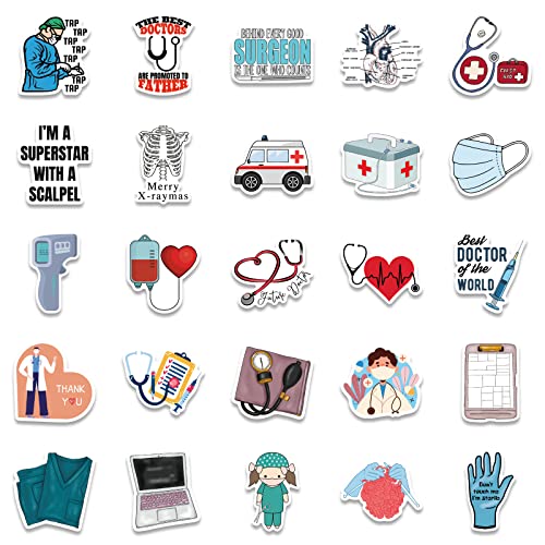 50Pcs Medical Stickers | Doctor Nurse Stethoscope Waterproof Vinyl Stickers | Cartoon Human Body Organ Anatomy Decals for Water Bottles, Laptop, Clipboard, Phone Case, Skateboard