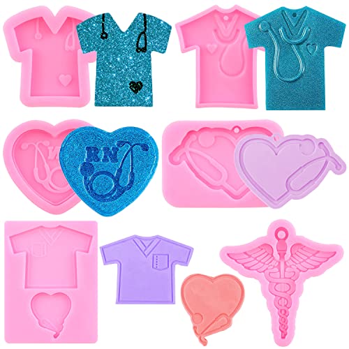 RFGHAC Doctor Theme Resin Molds Nurse Shirt Heart Stethoscope Silicone Keychain Mold Medical Emblem Resin Molds for DIY Handmade Necklace Jewelry Crafting Making Set of 6