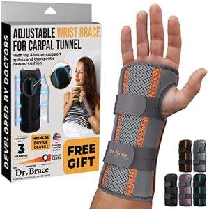 dr. brace adjustable wrist brace night support for carpal tunnel, doctor developed, upgraded with double splint & therapeutic cushion,hand brace for pain relief,injuries,sprains (s/m right hand, grey-orange)
