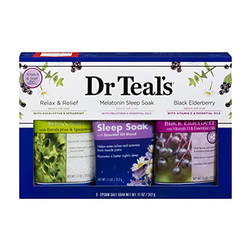 Dr. Teal's Pure Epsom Salt Trio Mothers Day Gift Set (Three 14oz Bags) - Relax & Relief, Melatonin Soak, & Black Elderberry - Give The Gift of Relaxation - Soothe Aches with at Home Spa Kit