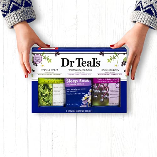 Dr. Teal's Pure Epsom Salt Trio Mothers Day Gift Set (Three 14oz Bags) - Relax & Relief, Melatonin Soak, & Black Elderberry - Give The Gift of Relaxation - Soothe Aches with at Home Spa Kit