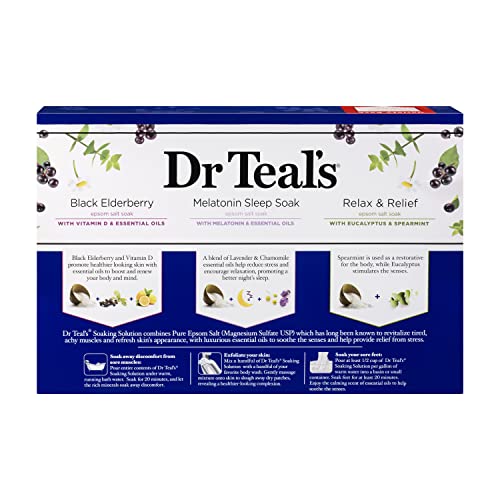 Dr. Teal's Pure Epsom Salt Trio Mothers Day Gift Set (Three 14oz Bags) - Relax & Relief, Melatonin Soak, & Black Elderberry - Give The Gift of Relaxation - Soothe Aches with at Home Spa Kit