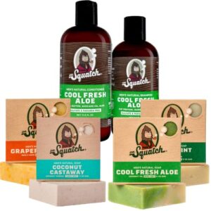 dr. squatch men’s bar soap and hair care beach expanded pack: men’s natural bar soap: coconut castaway, cool fresh aloe shampoo and conditioner set, cool fresh aloe, grapefruit ipa, spearmint basil