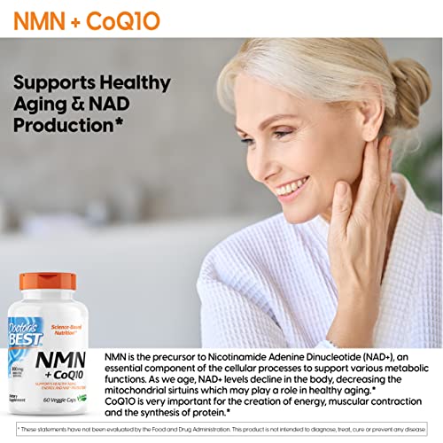 Doctor's Best NMN + CoQ10, Supports Healthy Aging, Energy, and NAD+ Production, Vegan, 60 Veggie Caps