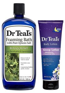 dr teal’s foaming bath and lotion mothers day gift set (2 pack, 42oz total) – 34oz relax & relief eucalyptus & spearmint foaming bath, 8oz nighttime therapy melatonin body lotion – at home spa kit
