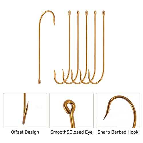 Dr.Fish 100 Pack Aberdeen Fishing Hooks Extra Long Shank Bronze Light Wire Offset Hooks High Carbon Steel Live Bait Hooks Freshwater Bass Crappie Walleye Panfish Rigs Size 6