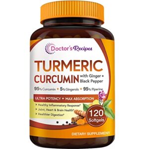 doctor’s recipes turmeric curcumin softgel, turmeric with ginger, 400mg, 95 percent concentrated curcumin, 5% gingerols, joint health, black pepper, kosher friendly, 120 softgels