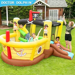 Doctor Dolphin Bounce House Inflatable Slide with Obstacles - Blower - Pirate Ship Theme - Ball Pit - Basketball Hoop, Inflatable Bouncers for Toddlers Kids 2 - 12 Outdoor or Indoor