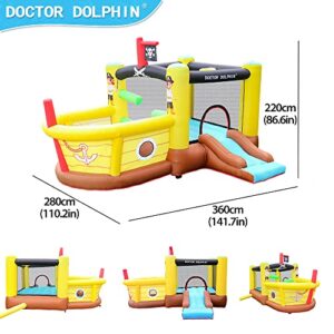 Doctor Dolphin Bounce House Inflatable Slide with Obstacles - Blower - Pirate Ship Theme - Ball Pit - Basketball Hoop, Inflatable Bouncers for Toddlers Kids 2 - 12 Outdoor or Indoor