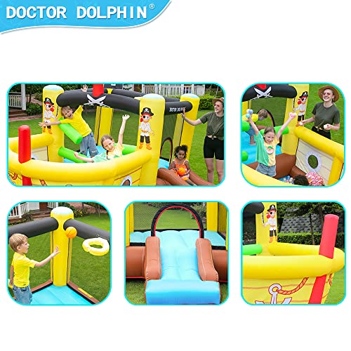 Doctor Dolphin Bounce House Inflatable Slide with Obstacles - Blower - Pirate Ship Theme - Ball Pit - Basketball Hoop, Inflatable Bouncers for Toddlers Kids 2 - 12 Outdoor or Indoor