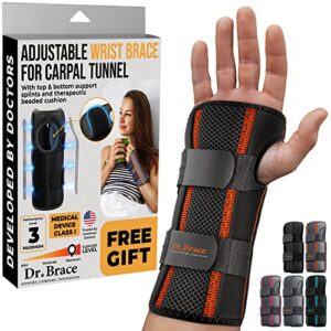 dr. brace adjustable wrist brace night support for carpal tunnel, doctor developed, upgraded with double splint & therapeutic cushion,hand brace for pain relief,injuries,sprains (l/xl right hand, black-orange)