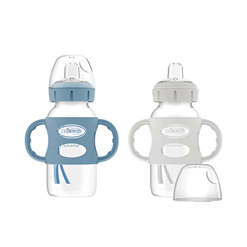 Dr. Brown’s® Milestones™ Wide-Neck Sippy Bottle with 100% Silicone Handles, Easy-Grip Bottle with Soft Sippy Spout, 9oz/270mL, BPA Free, Light-Blue & Gray, 2 Pack, 6m+