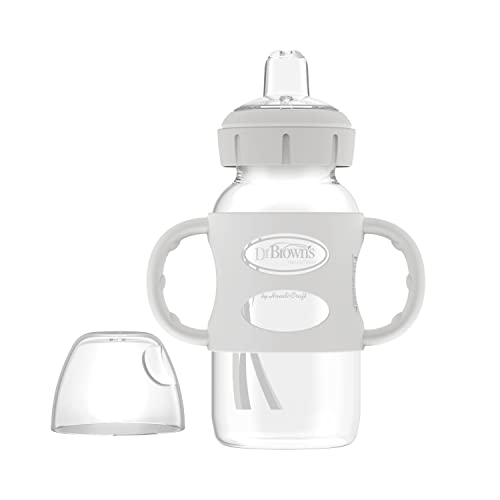 Dr. Brown’s® Milestones™ Wide-Neck Sippy Bottle with 100% Silicone Handles, Easy-Grip Bottle with Soft Sippy Spout, 9oz/270mL, BPA Free, Light-Blue & Gray, 2 Pack, 6m+