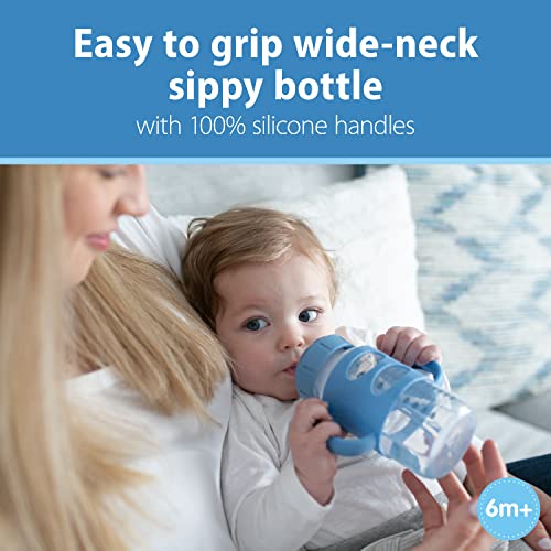 Dr. Brown’s® Milestones™ Wide-Neck Sippy Bottle with 100% Silicone Handles, Easy-Grip Bottle with Soft Sippy Spout, 9oz/270mL, BPA Free, Light-Blue & Gray, 2 Pack, 6m+