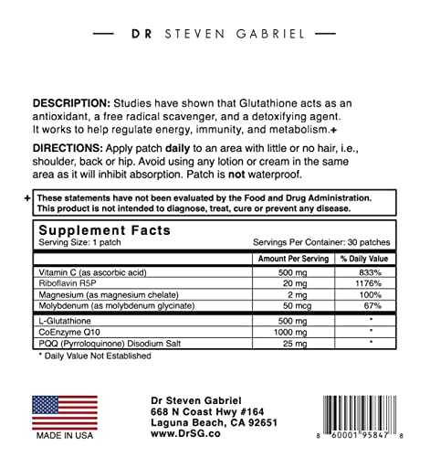 Dr. Steven Gabriel | Glutathione Antioxidant Patch | Brightens Skin | 30 Day Supply