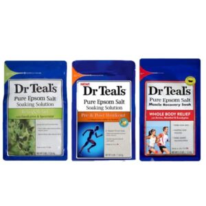 dr. teal’s pure epsom salt soak pain relief mothers day gift set (3 pack, 8.5lbs total) – (3lb) relax & relief eucalyptus with spearmint, (3lb) pre & post workout with menthol, (2.5lb) muscle recovery