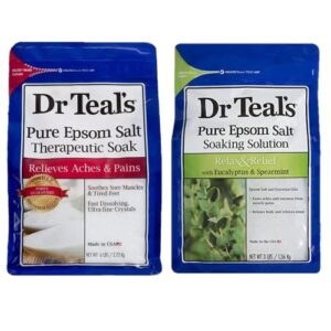 dr. teal’s pure epsom salt soaking solution mothers day gift set (2 pack, 3lb ea) – relax relief eucalyptus & spearmint (3lb), unscented therapeutic soak (6lb) – eases aches & pains, relieves the mind
